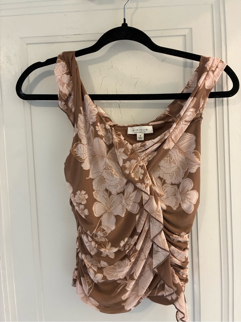 iris Brown Floral Asymmetrical Ruched Top